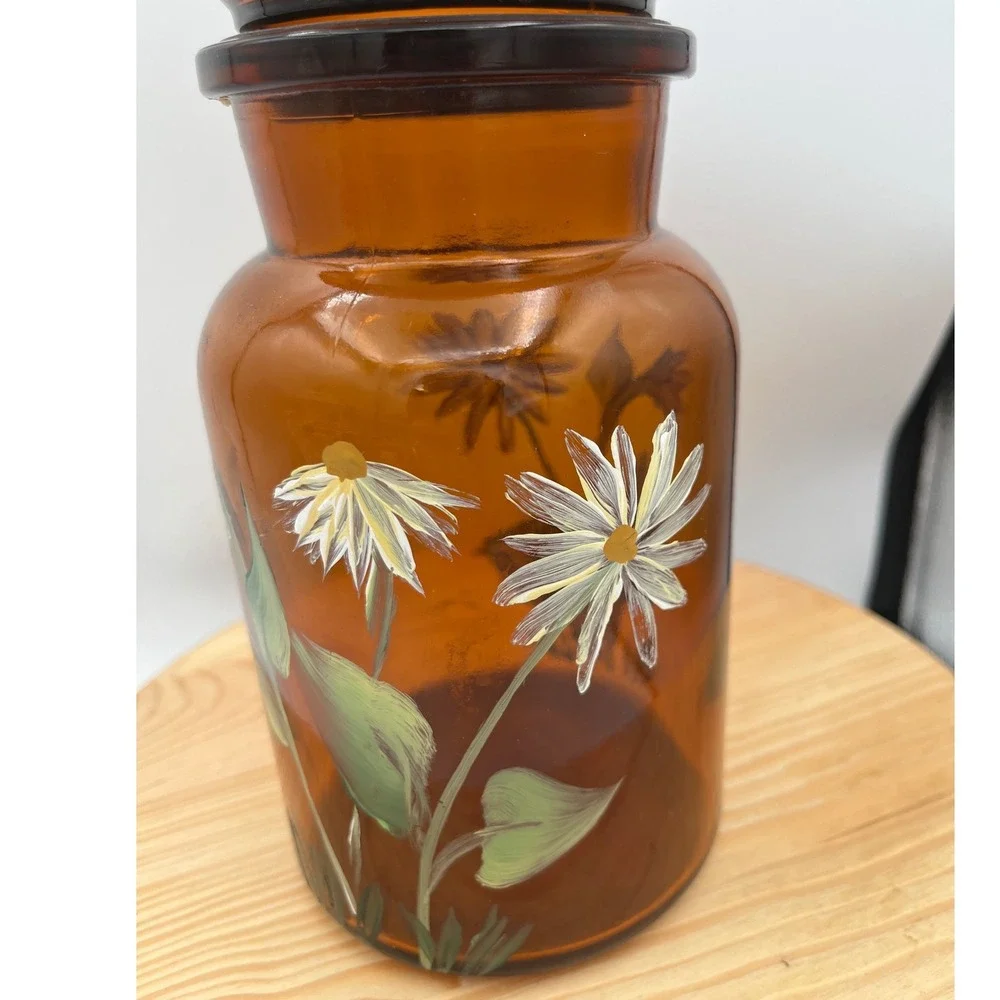 Vtg Belgian Amber Glass Jar Bubble Lid Hand Painted Daisy Storage Mid Century